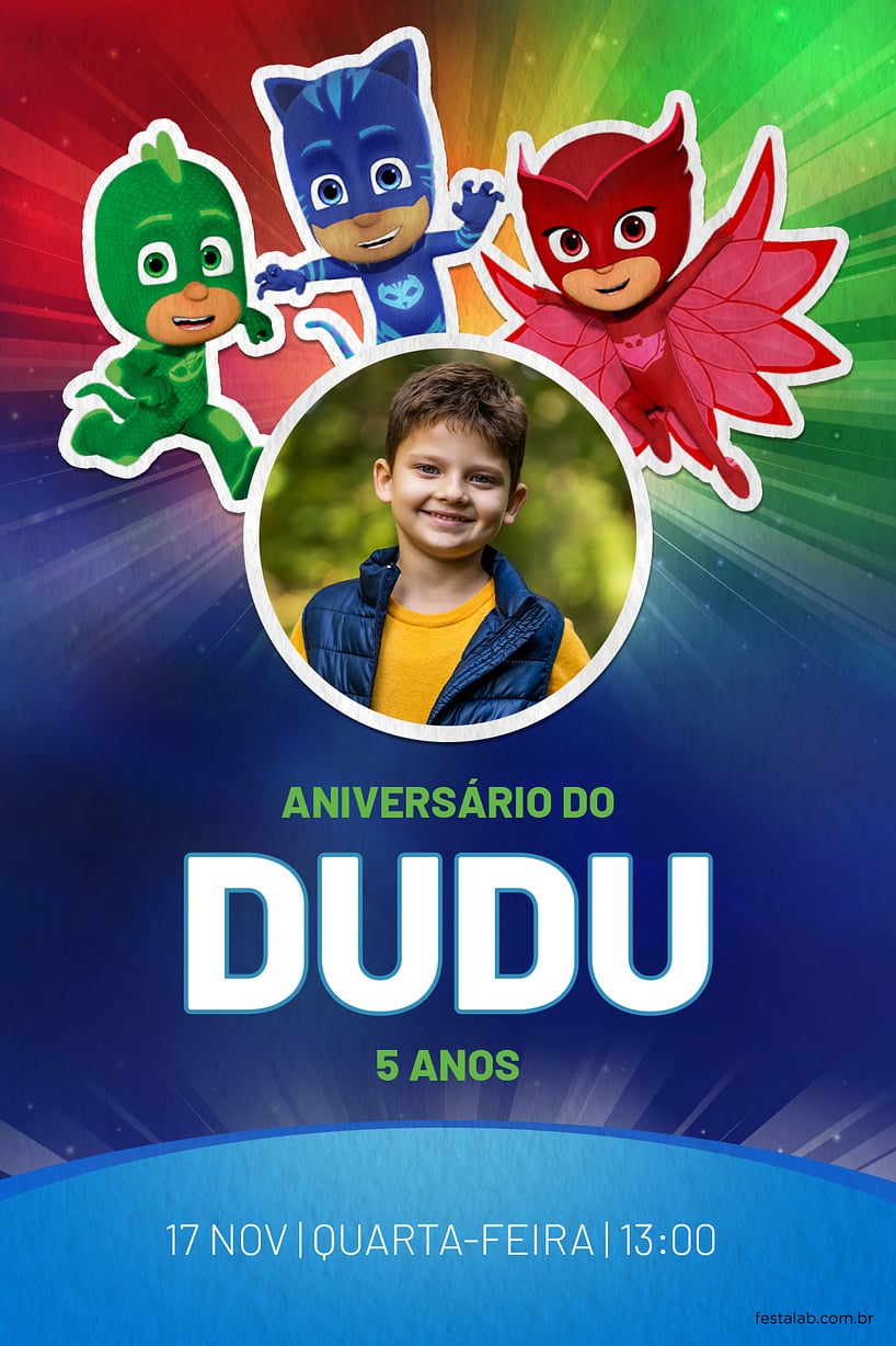 Convite de Aniversario - PJ Mask - Herois azul